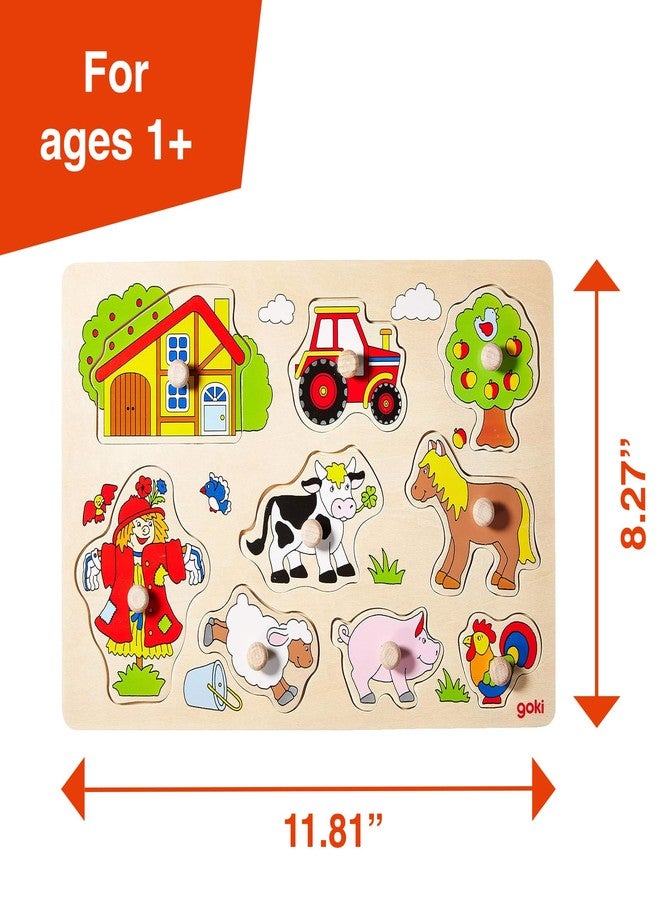 GOKI Wooden Puzzles for Toddlers 1-3 Farm Animal Peg Puzzle with Jumbo Knobs Ages 1+ Educational Montessori Toys for Shape Recognition & Fine Motor Skills - 9 Pieces-Designed with Love in Germany - Image 2